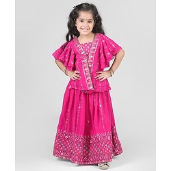 Babyhug Woven Half Sleeves Georgett Embroidered Choli Lehenga With Shrug Set - Fuschia
