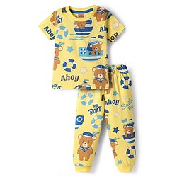 Babyhug Cotton Knit Half Sleeves Co-Ord Night Suit With Teddy Bear Print - Yellow