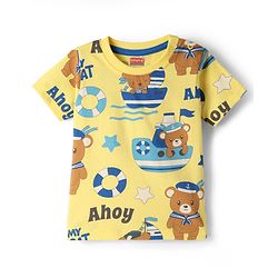 Babyhug Cotton Knit Half Sleeves Co-Ord Night Suit With Teddy Bear Print - Yellow