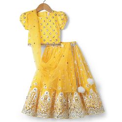 Babyhug Woven Half Puffed Sleeves Choli Lehenga Set with Dupatta Floral Embroidery & Sequin Detailing - Yellow