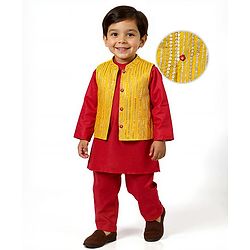 Babyhug Woven Mandarin Collar Full Sleeves Kurta Pajama Set With Sequin Detailing Jacket - Red