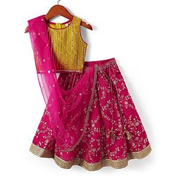 Babyhug Woven Sleeveless Lehenga Choli & Dupatta With Floral & Sequin Embriodery - Fuschia