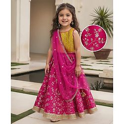 Babyhug Woven Sleeveless Lehenga Choli & Dupatta With Floral & Sequin Embriodery - Fuschia