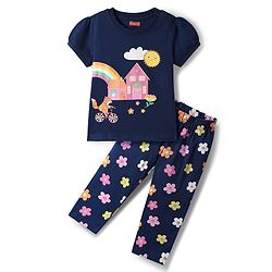 Babyhug Cotton Knit Half Sleeves Night Suit With Fox & Floral Print - Navy Blue