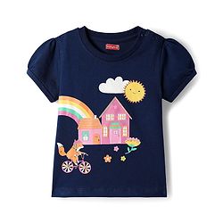 Babyhug Cotton Knit Half Sleeves Night Suit With Fox & Floral Print - Navy Blue