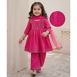 Babyhug Woven Full Sleeves Kurti Palazzo & Dupatta Set With Sequin Embriodery - Pink