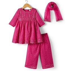 Babyhug Woven Full Sleeves Kurti Palazzo & Dupatta Set With Sequin Embriodery - Pink