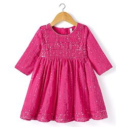 Babyhug Woven Full Sleeves Kurti Palazzo & Dupatta Set With Sequin Embriodery - Pink