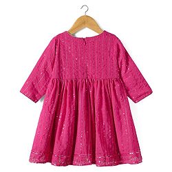 Babyhug Woven Full Sleeves Kurti Palazzo & Dupatta Set With Sequin Embriodery - Pink