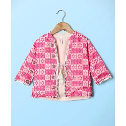 Babyhug Woven Full Sleeves Indo Western Set With Jacket & Floral Print - Pink & White