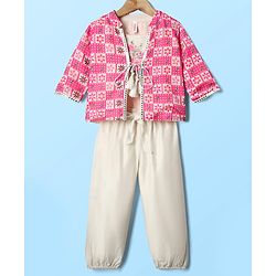 Babyhug Woven Full Sleeves Indo Western Set With Jacket & Floral Print - Pink & White