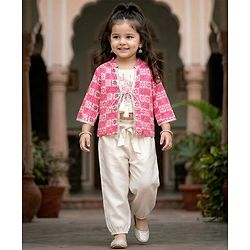 Babyhug Woven Full Sleeves Indo Western Set With Jacket & Floral Print - Pink & White