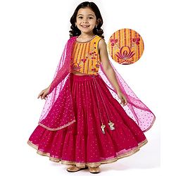 Babyhug Woven Sleeveless Lehenga Choli & Dupatta Set With Floral Embroidery - Fuschia & Yellow