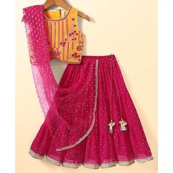Babyhug Woven Sleeveless Lehenga Choli & Dupatta Set With Floral Embroidery - Fuschia & Yellow