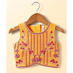 Babyhug Woven Sleeveless Lehenga Choli & Dupatta Set With Floral Embroidery - Fuschia & Yellow