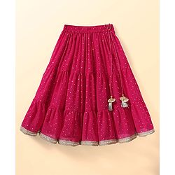 Babyhug Woven Sleeveless Lehenga Choli & Dupatta Set With Floral Embroidery - Fuschia & Yellow