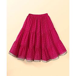 Babyhug Woven Sleeveless Lehenga Choli & Dupatta Set With Floral Embroidery - Fuschia & Yellow