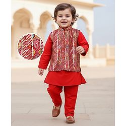 Babyhug Cotton Woven Full Sleeves Kurta & Pajama Set with Sequined & Embroidered Jacket - Red