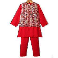 Babyhug Cotton Woven Full Sleeves Kurta & Pajama Set with Sequined & Embroidered Jacket - Red