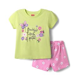 Babyhug Cotton Knit Half Sleeves Shorts Night Suit With Floral Print - Light Green & Pink