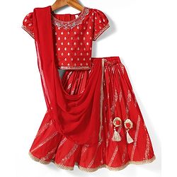 Babyhug Woven Half Sleeves Lehenga Choli & Dupatta Set With Floral Embroidery - Red