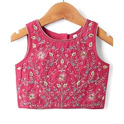 Babyhug Cotton Knit Sleeveless Choli with Lehenga and Dupatta Set with Cambric Print & Foral Embroidery - Dark Pink