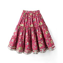 Babyhug Cotton Knit Sleeveless Choli with Lehenga and Dupatta Set with Cambric Print & Foral Embroidery - Dark Pink