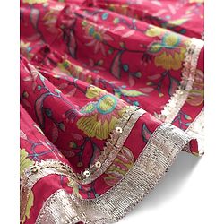Babyhug Cotton Knit Sleeveless Choli with Lehenga and Dupatta Set with Cambric Print & Foral Embroidery - Dark Pink