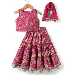 Babyhug Cotton Knit Sleeveless Choli with Lehenga and Dupatta Set with Cambric Print & Foral Embroidery - Dark Pink