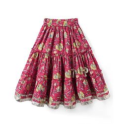 Babyhug Cotton Knit Sleeveless Choli with Lehenga and Dupatta Set with Cambric Print & Foral Embroidery - Dark Pink
