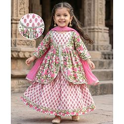 Babyhug Cotton Three Fourth Sleeves Kurti Lehenga Set with Dupatta & Floral Cambric Print - White