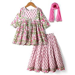 Babyhug Cotton Three Fourth Sleeves Kurti Lehenga Set with Dupatta & Floral Cambric Print - White