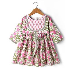 Babyhug Cotton Three Fourth Sleeves Kurti Lehenga Set with Dupatta & Floral Cambric Print - White