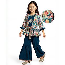 Babyhug Woven Floral Embroidered Top & Palazzo Set With Full Sleeves Shrug - Teal Blue