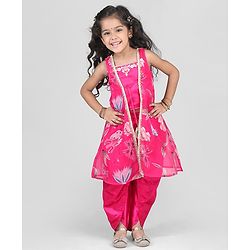 Babyhug Woven Sleeveless Indo Western Set With Floral Print - Pink