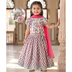 Babyhug 100% Cotton Half Sleeves Floral Cambric Printed Flared Lehenga & Choli Set With Dupatta - Pink & White