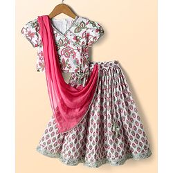 Babyhug 100% Cotton Half Sleeves Floral Cambric Printed Flared Lehenga & Choli Set With Dupatta - Pink & White