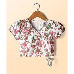 Babyhug 100% Cotton Half Sleeves Floral Cambric Printed Flared Lehenga & Choli Set With Dupatta - Pink & White