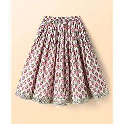 Babyhug 100% Cotton Half Sleeves Floral Cambric Printed Flared Lehenga & Choli Set With Dupatta - Pink & White