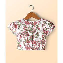 Babyhug 100% Cotton Half Sleeves Floral Cambric Printed Flared Lehenga & Choli Set With Dupatta - Pink & White