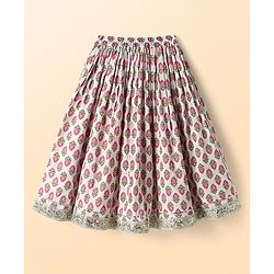 Babyhug 100% Cotton Half Sleeves Floral Cambric Printed Flared Lehenga & Choli Set With Dupatta - Pink & White