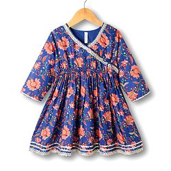 Babyhug Cotton Woven Three Fourth Sleeves Kurti Gharara & Dupatta Set With Cambric Print - Navy Blue