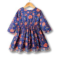 Babyhug Cotton Woven Three Fourth Sleeves Kurti Gharara & Dupatta Set With Cambric Print - Navy Blue