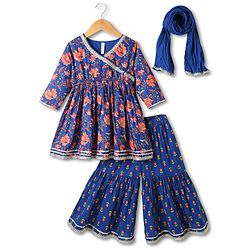 Babyhug Cotton Woven Three Fourth Sleeves Kurti Gharara & Dupatta Set With Cambric Print - Navy Blue