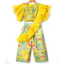 Babyhug Woven Flutter Sleeves Indo Western Set With Floral Print & Dupatta - Yellow
