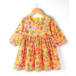 Babyhug Woven Three Forth Sleeves Floral Cambric Printed Kurti & Gharara Set With Dupatta - Yellow
