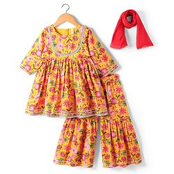 Babyhug Woven Three Forth Sleeves Floral Cambric Printed Kurti & Gharara Set With Dupatta - Yellow