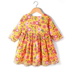 Babyhug Woven Three Forth Sleeves Floral Cambric Printed Kurti & Gharara Set With Dupatta - Yellow