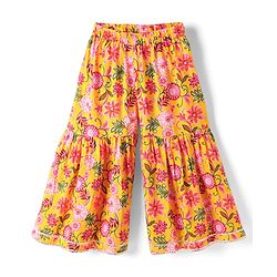 Babyhug Woven Three Forth Sleeves Floral Cambric Printed Kurti & Gharara Set With Dupatta - Yellow