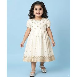Babyhug Woven Half Sleeves Ethnic Dress With Floral Embriodery - White
